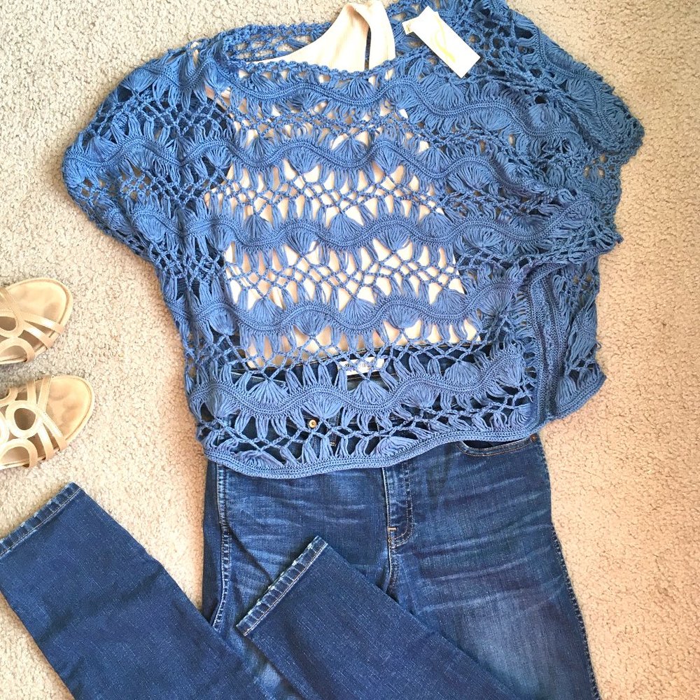 Trendy crochet blue chambray oversized knit top